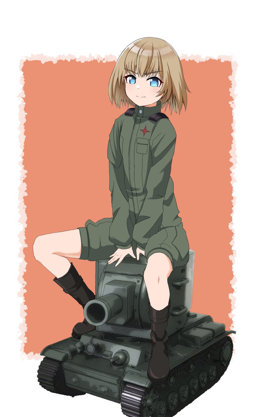 1girl absurdres bangs black_footwear blonde_hair blue_eyes bob_cut boots closed_mouth eyebrows_visible_through_hair girls_und_panzer green_jumpsuit ground_vehicle highres insignia jumpsuit katyusha_(girls_und_panzer) kv-2 long_sleeves looking_away military military_uniform military_vehicle mizukawa_(03_mizu_09) model_tank motor_vehicle orange_background pravda_military_uniform short_hair short_jumpsuit sitting smile solo tank uniform v_arms