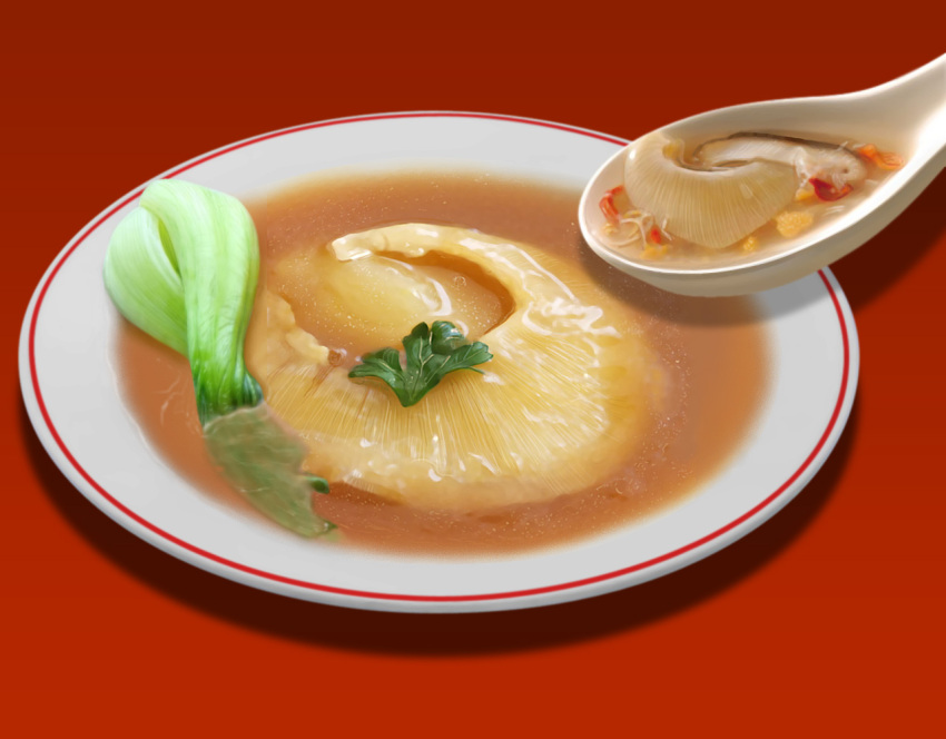 food food_focus food_request garnish hokkaido_(artist) no_humans original plate realistic red_background simple_background soup spoon still_life vegetable xiaolongbao