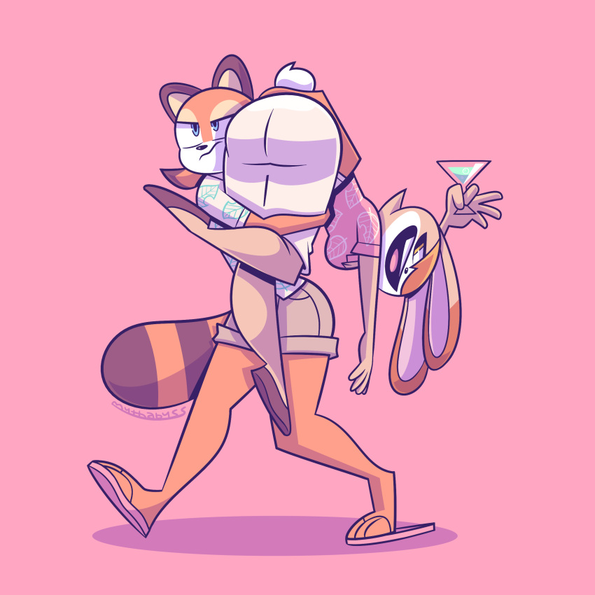 1:1 2021 absurd_res aged_up animal_crossing anthro butt carrying_over_shoulder clothing cosplay cream_the_rabbit crossover crossover_cosplay drunk duo female flip_flops footwear hi_res holding_character isabelle_(animal_crossing) lagomorph leporid mammal marine_the_raccoon martini_glass mythabyss nintendo pink_background procyonid rabbit raccoon sandals simple_background sonic_the_hedgehog_(series) substance_intoxication tom_nook_(animal_crossing) video_games