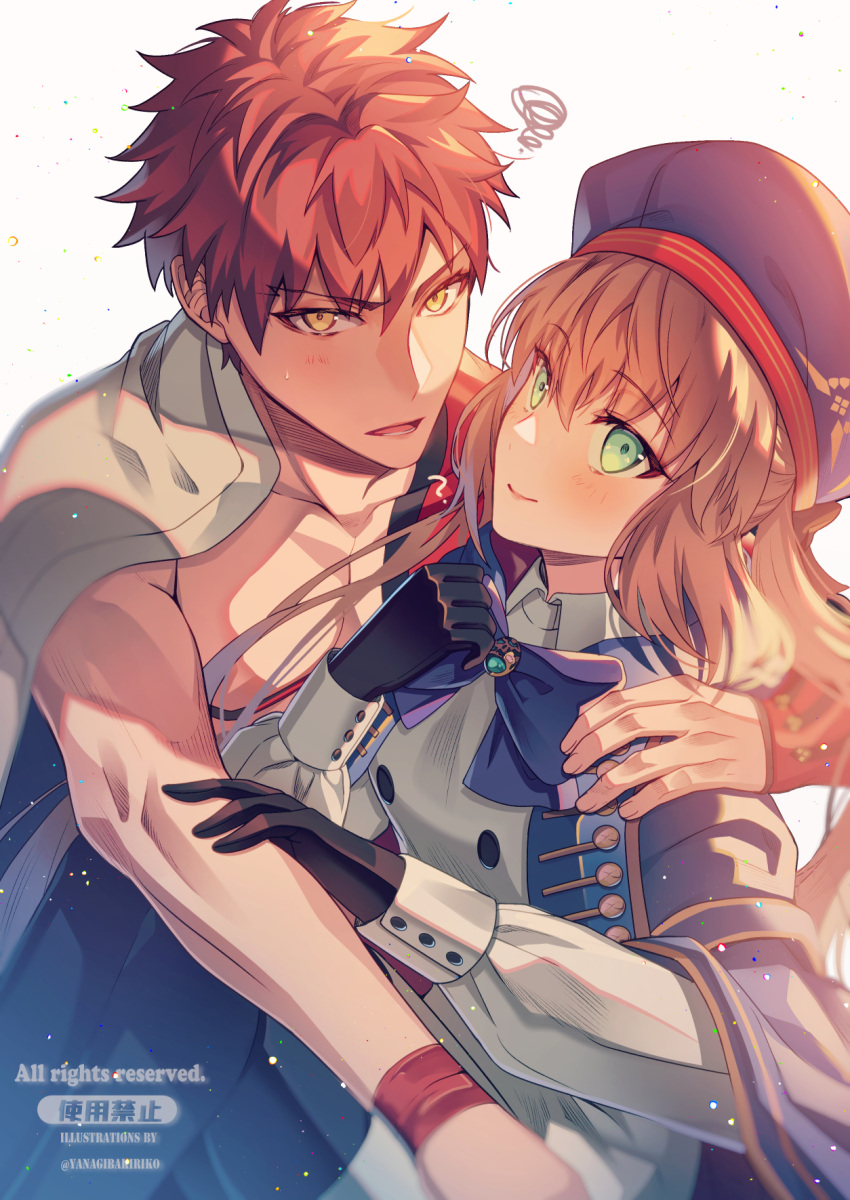 1boy 1girl arm_around_shoulder artoria_pendragon_(all) artoria_pendragon_(caster) bangs black_gloves blonde_hair blue_bow blue_cape blue_headwear blush bow cape collarbone emiya_shirou eyebrows_visible_through_hair fate_(series) gloves green_eyes hair_between_eyes hand_up hat highres jacket limited/zero_over long_hair long_sleeves looking_at_another looking_at_viewer open_mouth red_hair sengo_muramasa_(fate) short_hair simple_background twitter_username white_background white_cape white_jacket yanagiba_kiriko yellow_eyes