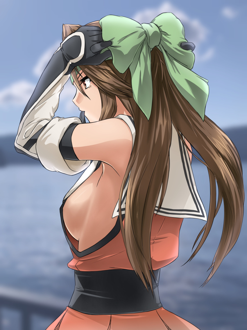 1girl absurdres akito_(sub707) blue_sky blurry bow breasts brown_eyes brown_hair cloud commentary_request day depth_of_field detached_sleeves elbow_gloves forehead_protector from_behind gloves green_bow hair_bow hair_intakes half_updo highres jintsuu_(kantai_collection) kantai_collection long_hair orange_serafuku outdoors pleated_skirt remodel_(kantai_collection) school_uniform serafuku sideboob skirt sky solo upper_body