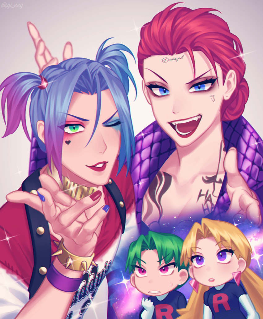 2boys 2girls absurdres bangs blonde_hair blue_eyes blue_hair bracelet butch_(pokemon) cassidy_(pokemon) commentary_request earrings elbow_gloves eyebrows_visible_through_hair eyelashes eyeshadow gi_xxy gloves green_eyes hair_between_eyes hand_up highres james_(pokemon) jessie_(pokemon) jewelry lipstick makeup multiple_boys multiple_girls nail_polish one_eye_closed open_mouth parted_bangs pokemon pokemon_(anime) purple_nails red_hair red_lips red_nails smile sparkle team_rocket team_rocket_uniform teeth tongue wristband