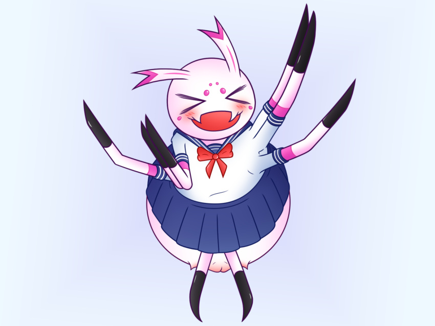 4:3 arachnid arthropod arthropod_abdomen arthropod_abdomen_genitalia arthropod_abdomen_pussy baku blush clothed clothing excited female feral genitals happy hi_res kumo_desu_ga_nani_ka? kumoko pussy school_uniform simple_background solo spider uniform white_body