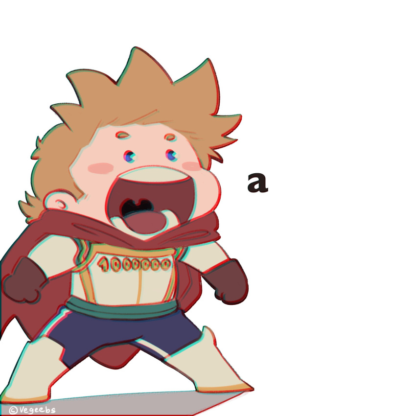 1boy a addy_(@vegeebs) artist_name blonde_hair blue_eyes blue_pants blush blush_stickers bodysuit boku_no_hero_academia cape chibi chromatic_aberration full_body gawr_gura highres legs_apart male_focus meme open_mouth pants red_cape short_hair simple_background solo togata_mirio tongue white_bodysuit