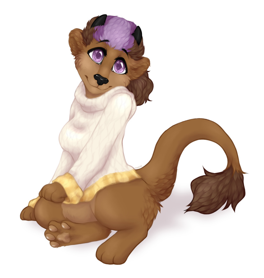 anthro bottomless bottomless_female brown_body brown_fur brown_hair clothed clothing colored cute_face digital_media_(artwork) dragon female fluffy fluffy_cheeks fluffy_ears fur hair head_tilt hi_res highlights_(coloring) horn hybrid looking_at_viewer lutrine mammal mcsib multicolored_body multicolored_fur mustelid pawpads paws ponytail purple_eyes purple_highlights shaded shasya simple_background sitting siv_(mcsib) smile solo solo_focus sweater tail_tuft topwear tuft two_tone_body two_tone_fur white_background white_clothing white_sweater white_topwear