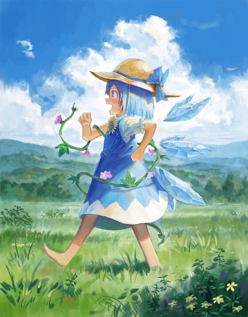 1girl barefoot blue_dress blue_hair blue_ribbon brown_headwear cirno cloud cloudy_sky commentary_request day dress field fjsmu flat_chest flower from_side full_body grass hat hat_ribbon highres ice ice_wings outdoors periwinkle_(flower) pinafore_dress plant profile ribbon sky solo sun_hat sunflower tanned_cirno touhou vines walking wings yellow_flower