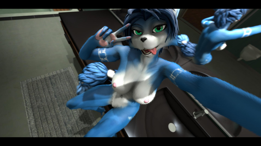 16:9 2020 3d_(artwork) anthro bathroom black_bars blue_body blue_fur blue_hair breasts canid canine digital_media_(artwork) female fox fur genitals gesture green_eyes hair handpaw hi_res krystal krystal_appreciation_month letterbox mammal mirror multicolored_body multicolored_fur multicolored_tail nintendo nude paws pussy selfie silvarion silvarus sink solo star_fox tailband tattoo tongue tongue_out v_sign video_games white_body white_fur widescreen