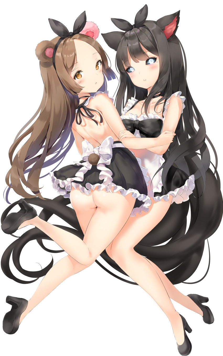 2girls absurdres animal_ears apron arm_grab ass bear_ears bear_tail black_footwear black_hair black_sclera black_skirt blade_&amp;_soul blush brown_eyes brown_hair cat_ears colored_sclera face-to-face forehead high_heels highres keibeam legs legs_up long_hair looking_back lyn_(blade_&amp;_soul) maid microskirt miniskirt multiple_girls no_panties ribbon shoes skirt tail thighs very_long_hair white_apron white_eyes