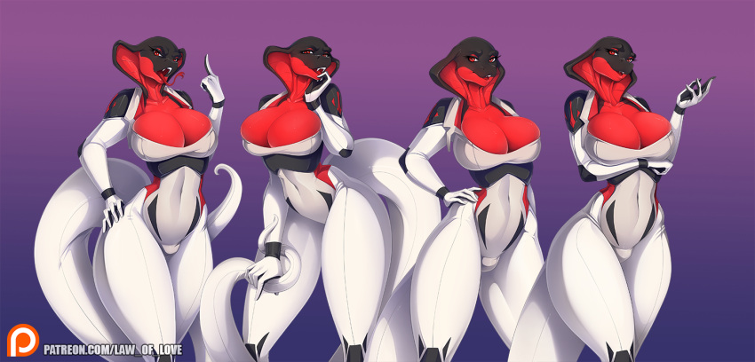 2021 anthro bas_(law_of_love) big_breasts breasts clothing fangs female knight_dd law_of_love non-mammal_breasts patreon pupils reptile scalie simple_background skinsuit slit_pupils smile snake solo standing tight_clothing wide_hips