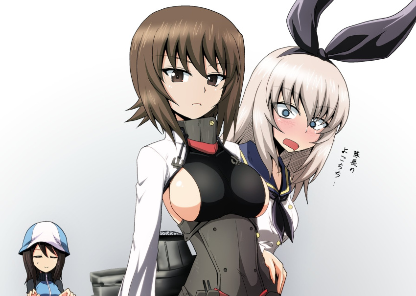 3girls anchor_ornament bangs black_dress black_neckwear black_ribbon blue_eyes blue_headwear blue_jacket blue_sailor_collar blush breasts brown_eyes brown_hair closed_eyes closed_mouth commentary constricted_pupils cosplay dress eyebrows_visible_through_hair frown girls_und_panzer gorget gradient gradient_background grey_background hair_ribbon hand_on_hip hat highres instrument itsumi_erika jacket kamishima_kanon kantai_collection keizoku_military_uniform large_breasts leaning_forward long_hair long_sleeves looking_at_another looking_at_breasts looking_at_viewer medium_hair mika_(girls_und_panzer) military military_uniform multiple_girls music necktie nishizumi_maho open_mouth playing_instrument raglan_sleeves ribbon rigging sailor_collar saliva shimakaze_(kantai_collection) shimakaze_(kantai_collection)_(cosplay) shirt short_hair shrug_(clothing) side_cutout sideboob silver_hair smile standing staring sweatdrop taihou_(kantai_collection) taihou_(kantai_collection)_(cosplay) track_jacket translated tulip_hat uniform upper_body white_jacket white_shirt