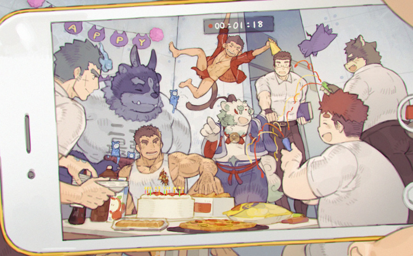 6+boys :d ^_^ animal_ears arm_hair bara bare_arms bare_shoulders belt black_hair black_pants blue_fur blue_hair blush brown_hair cake cellphone_picture character_request chataro1412 closed_eyes collared_shirt confetti creature dark_skin dark_skinned_male fat fat_man fiery_hair floating food fox_boy fox_ears fox_tail furry glasses hat knee_up loincloth looking_at_another male_focus monkey_boy monkey_tail moritaka_(tokyo_houkago_summoners) multiple_boys musashi_(tokyo_houkago_summoners) muscular muscular_male open_mouth pants party party_hat party_popper pectorals phone_screen plump pov recording rimless_eyewear ryota_(tokyo_houkago_summoners) scar scar_on_cheek scar_on_face shiro_(tokyo_houkago_summoners) shirt short_hair smile surprised table tail tank_top thick_eyebrows toji_(tokyo_houkago_summoners) tokyo_houkago_summoners viewfinder white_fur white_shirt white_tank_top wide-eyed wolf_boy wolf_ears