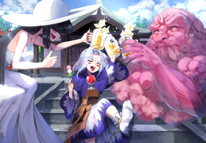 1boy 2girls architecture arms_up beer_mug black_hair blue_sky blush_stickers closed_eyes cloud commentary commission cup dango day dress east_asian_architecture fingernails food hair_intakes hair_over_eyes hasshaku-sama hat highres holding holding_cup holding_food hood hood_down kesa kumoi_ichirin leg_lift light_blue_hair long_hair mug multiple_girls nail_polish no_shoes open_mouth outdoors pixiv_request red_nails sanshoku_dango sharp_fingernails sitting sky sleeveless sleeveless_dress splashing stairs stone_stairs sun_hat sunyup tabi temple thumbs_up touhou unzan upper_teeth very_long_hair wagashi white_dress white_headwear white_legwear