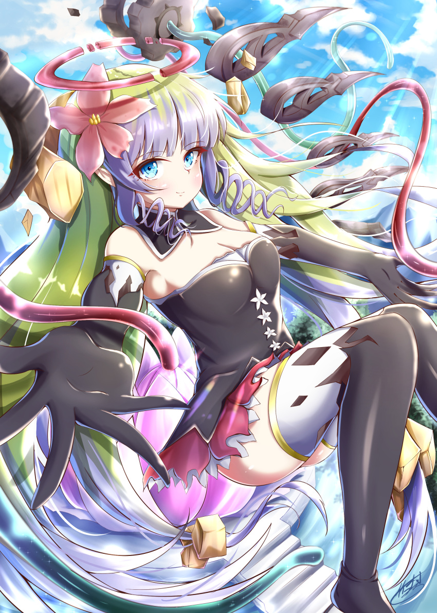 1girl absurdres ameth_(princess_connect!) bangs black_dress black_gloves black_legwear breasts closed_mouth cloud dress elbow_gloves eyebrows_visible_through_hair floating_hair flower gloves green_eyes green_hair hair_flower hair_ornament highres large_breasts long_hair multicolored_hair princess_connect! princess_connect!_re:dive purple_hair signature sky sleeveless smile solo sunlight takemura_kou thighhighs thighs very_long_hair