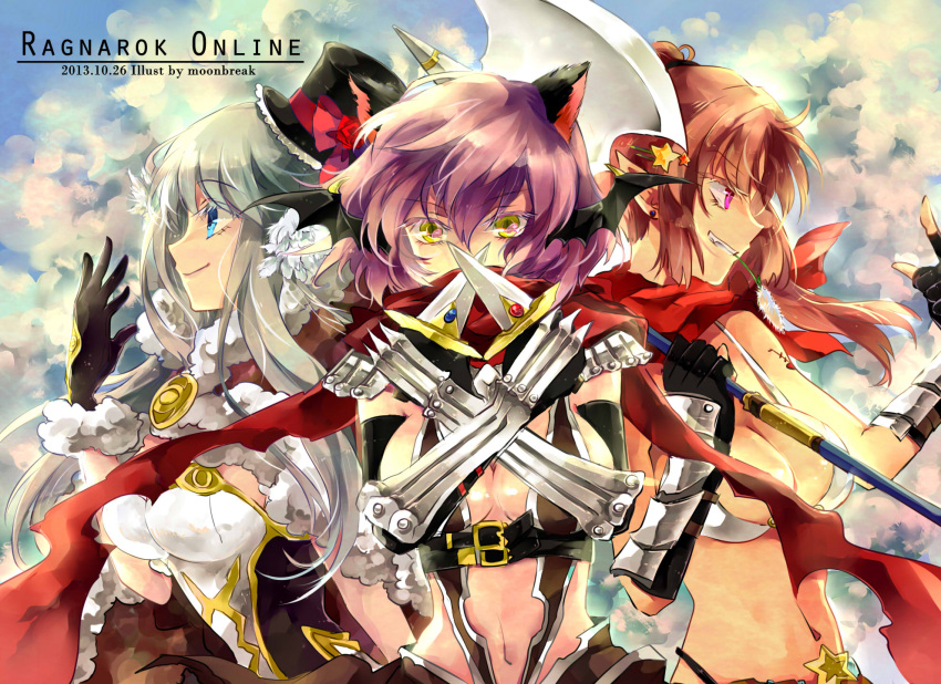 3girls animal_ears armor assassin_cross_(ragnarok_online) axe bangs bat_wings belt_buckle bikini bikini_top black_cape black_gloves black_headwear black_shirt blue_eyes blue_shorts blue_sky breasts brown_capelet brown_dress brown_gloves brown_hair buckle cape capelet cat_ears cattail chinese_commentary cleavage closed_mouth cloud commentary_request copyright_name crossed_arms crossed_swords dagger dated dress dual_wielding elbow_gloves eyebrows_visible_through_hair fingerless_gloves flower fur-trimmed_capelet fur-trimmed_gloves fur_trim gauntlets gloves grin hair_between_eyes hand_up hat hat_flower head_wings high_wizard_(ragnarok_online) highres holding holding_axe holding_dagger holding_weapon in_mouth large_breasts long_hair looking_at_viewer looking_to_the_side medium_breasts midriff mixed-language_commentary moonbreak multiple_girls navel open_clothes open_shirt pauldrons plant pointy_ears purple_eyes purple_hair ragnarok_online red_flower red_scarf revealing_clothes scarf shirt short_dress short_hair short_shorts shorts shoulder_armor silver_hair sky smile star_(symbol) strapless strapless_dress swimsuit teeth top_hat torn_scarf two-tone_dress upper_body waist_cape weapon white_bikini white_dress whitesmith_(ragnarok_online) wings yellow_eyes