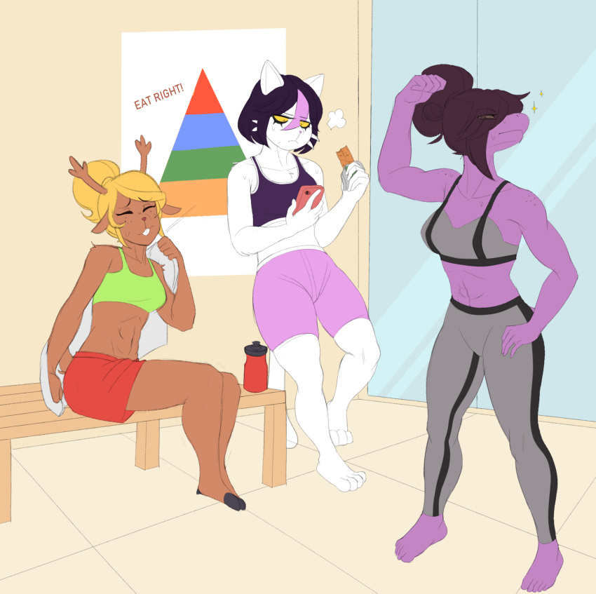 abs absurd_res after_exercise anthro antlers athletic athletic_female barefoot bench black_hair blonde_hair bodily_fluids bottomwear breasts brown_hair buckteeth capreoline catti_(deltarune) cervid clothed clothing crop_top deltarune detailed_background dinosaur domestic_cat eye_through_hair eyeliner eyes_closed felid feline felis female flexing flexing_bicep food_pyramid freckles frown fur group hair hair_bun hair_over_eyes hi_res highlights_(coloring) holding_object holding_phone horn huwon inside leaning leaning_back leaning_on_wall leggings legwear looking_at_object looking_at_phone looking_down makeup mammal midriff muscular muscular_female navel noelle_holiday non-mammal_breasts obscured_eyes phone pink_highlights pose purple_body purple_scales reindeer reptile scales scalie shirt short_hair shorts sitting snack_bar standing susie_(deltarune) sweat teeth topwear towel translucent translucent_hair video_games water_bottle whiskers white_body white_fur yellow_sclera