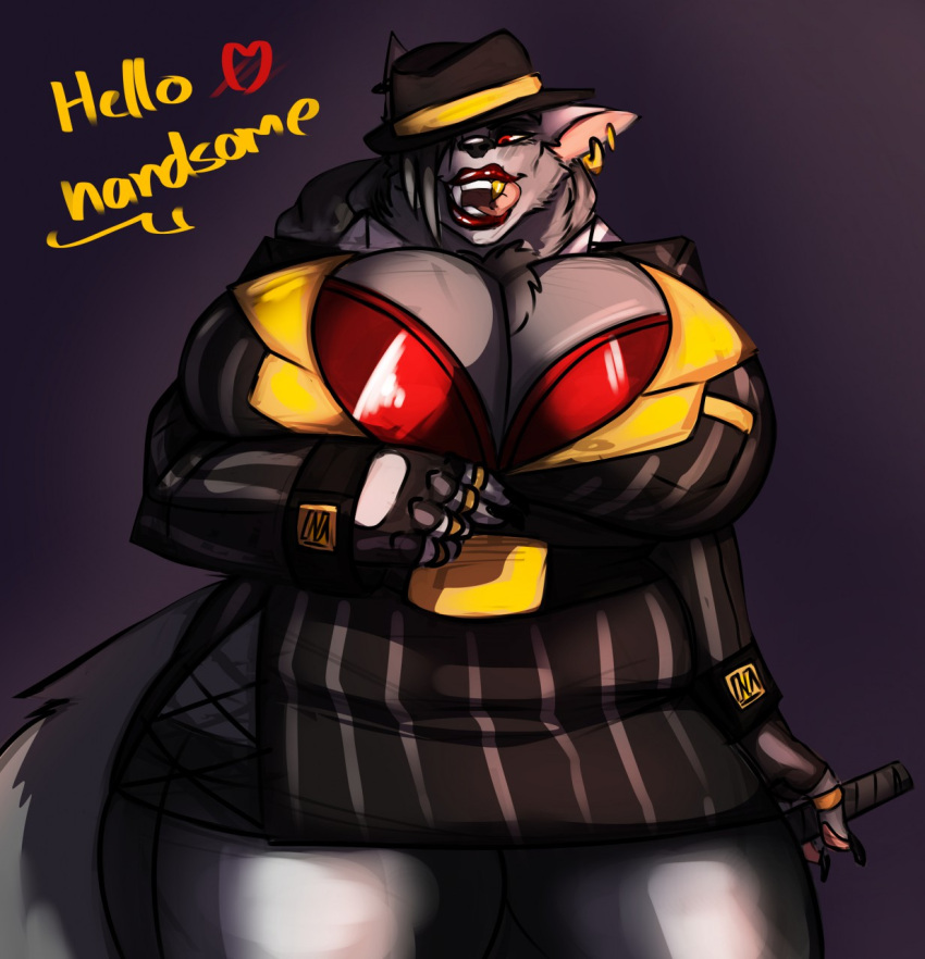 anthro belt_buckle big_breasts bottomwear breasts business_suit canid canine canis chest_tuft cigar claws clothing djpuppeh female fur gloves gold_(metal) gold_tooth grey_body grey_fur handwear hat headgear headwear hi_res huge_breasts jewelry leather leather_bottomwear leather_clothing leather_pants licking licking_lips lipstick mafia makeup mammal mature_female menacing_(disambiguation) pants red_clothing red_eyes ring solo suit tania_marovitch thick_thighs tongue tongue_out tuft were werecanid werecanine werewolf wolf