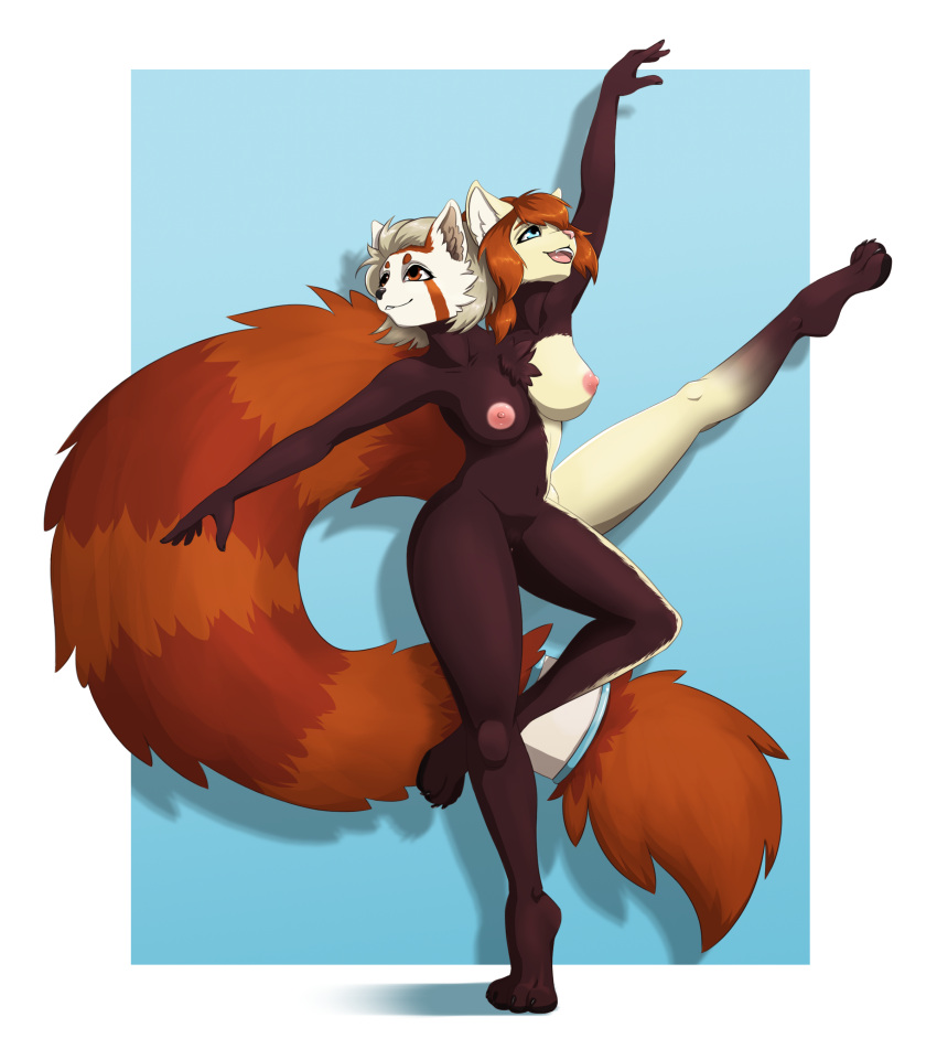 2_heads 3_legs absurd_res ailurid anthro breasts brown_body brown_fur chest_tuft dancing female fluffy fluffy_tail fur hair hi_res long_tail mammal multi_head multicolored_body multicolored_fur nipples nude orange_body orange_fur orange_hair ranara red_panda short_hair simple_background smaller_version_at_source smile solo tuft white_body white_fur white_hair