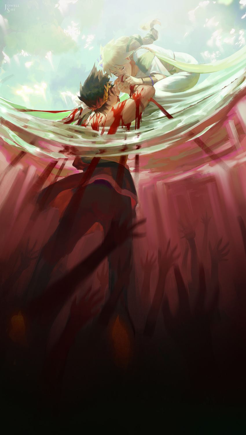 1boy 1girl artist_name black_hair blonde_hair blood closed_eyes cloud cloudy_sky dress from_below greek_clothes hades_(game) highres holding_hands jowell_she laurel_crown leggings mother_and_son partially_submerged persephone_(hades) ponytail sky squatting tears water zagreus_(hades)