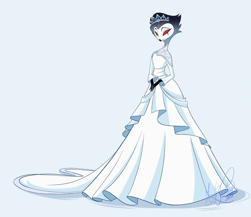 absurd_res accessory ambiguous_gender clothed clothing crossdressing crown dress hair hair_accessory helluva_boss hi_res male mayserena red_sclera simple_background smile standing stolas_(vivzmind) tiara wedding_dress white_background