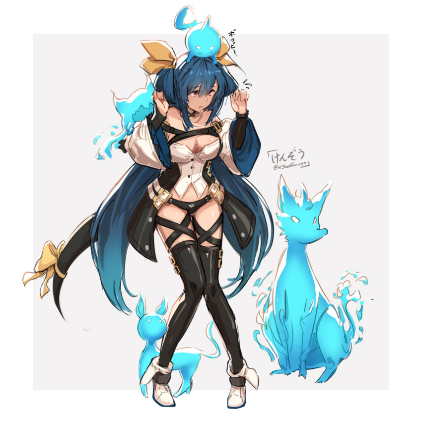 1girl animal bare_shoulders belt black_legwear black_panties blue_hair breasts cleavage cleavage_cutout clothing_cutout dizzy_(guilty_gear) eyebrows_visible_through_hair geegee_(granblue_fantasy) granblue_fantasy guilty_gear guilty_gear_xrd hair_between_eyes hair_ribbon hair_rings highres k3nzoteruta long_hair midriff navel open_mouth panties pigeon-toed red_eyes ribbon simple_background tail tail_ornament tail_ribbon thighhighs twintails underwear white_background wide_sleeves yellow_ribbon