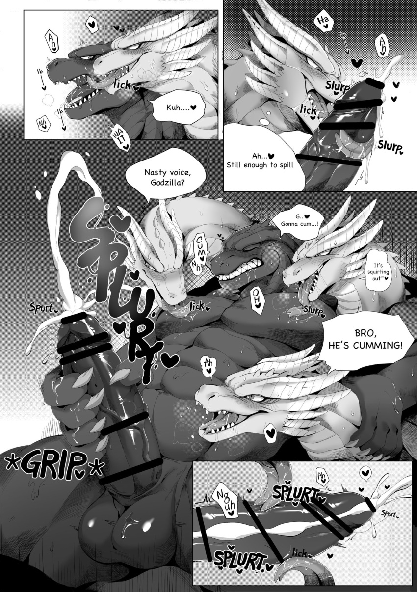 &lt;3 abs anthro biceps bodily_fluids censored comic cum dialogue dirty_talk disiwjd dragon duo english_text eyes_closed genital_fluids genitals godzilla godzilla_(series) hi_res humanoid_genitalia humanoid_penis kaiju king_ghidorah licking licking_body male male/male monochrome muscular muscular_anthro muscular_male nipple_fetish nipple_lick nipple_play nipples oral pecs penile penis penis_lick saliva scalie sex submissive submissive_male teeth text toho tongue tongue_out