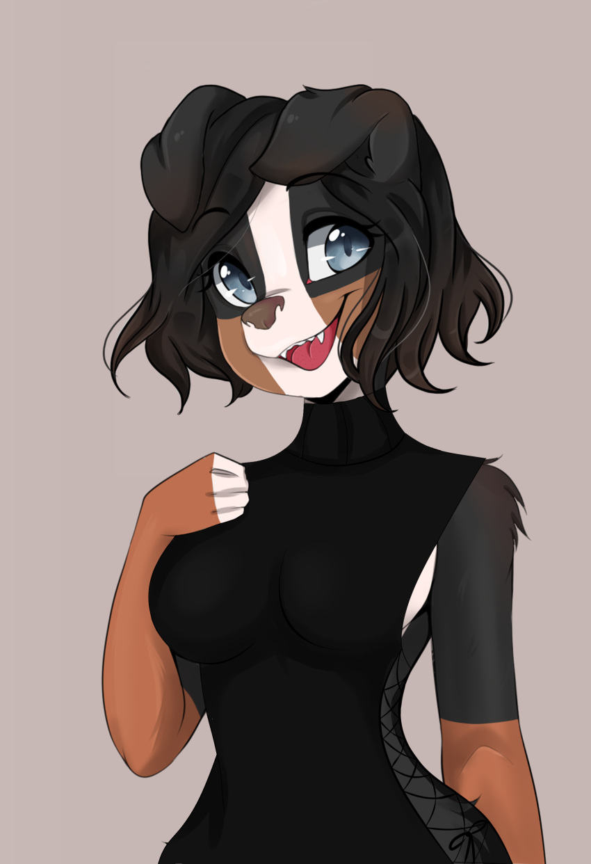absurd_res anthro bernese_mountain_dog big_breasts biped black_body black_clothing black_ears black_fur black_hair black_nose blue_eyes breasts brown_body brown_fur canid canine canis clothing domestic_dog eyebrows fangs female fingerless_(marking) fingers floppy_ears front_view fur hair half-length_portrait hi_res hip_tuft liamruko looking_at_another mammal molosser mountain_dog multicolored_body multicolored_fur nipples open_mouth pink_nipples portrait shoulder_tuft smile snout solo solo_focus swiss_mountain_dog teeth tongue tuft white_body white_fur winter_nights