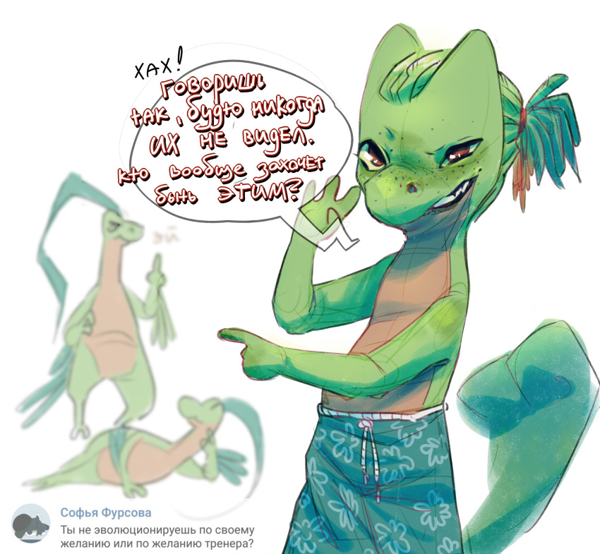 anthro bottomwear clothing cyrillic_text dreadlocks gesture group hi_res looking_at_viewer male middle_finger nintendo pointing pok&eacute;mon pok&eacute;mon_(species) russian_text sceptile shorts solo_focus swimming_trunks swimwear text translation_request treecko unknown_artist video_games