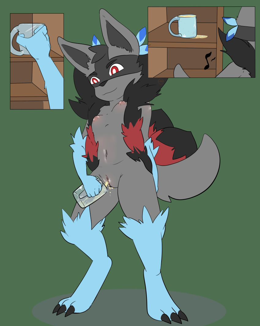 absurd_res anthro bodily_fluids canid canine claws cup digital_media_(artwork) ditto_(disambiguation) fan_character feet female fur genital_fluids genitals hi_res hybrid lucario mammal may_(kojondian) nintendo nipples nude pee_in_cup peeing pok&eacute;mon pok&eacute;mon_(species) pussy raveneevee red_eyes simple_background smile solo standing toes urine video_games watersports zoroark