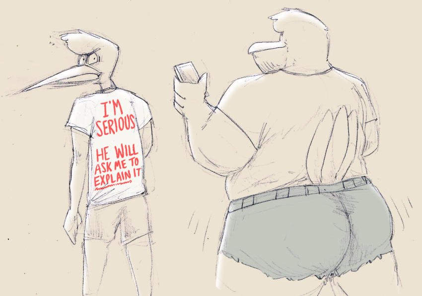 2020 annoyed anthro avian beak beard belly big_belly big_butt bird bottomwear butt cellphone clothed clothing denim duo eyebrows facial_hair father father_and_child father_and_son feathers hair hi_res holding_object hotpants humor looking_back male mature_male monochrome overweight overweight_male parent parent_and_child pecs phone portrait shaking_butt shirt shorts sketch smartphone son sosososleazy standing stork thick_eyebrows three-quarter_portrait tight_clothing toony topwear torn_clothing walking wide_hips