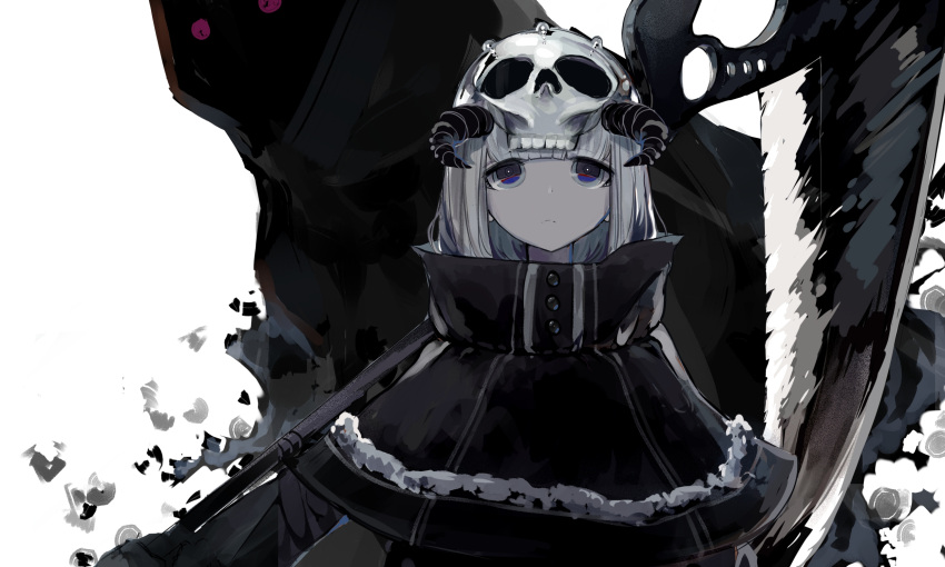 1girl 1other bangs black_capelet black_eyes blunt_bangs capelet death_(entity) demon_horns eyebrows_visible_through_hair fur_trim highres holding holding_scythe holding_weapon hood hood_up horns nazumide nike original purple_eyes scythe shaded_face shinigami skull upper_body weapon white_background white_hair