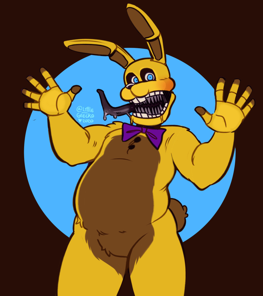 2020 ambiguous_gender animatronic anthro blue_eyes bodily_fluids bow_tie buckteeth drooling five_nights_at_freddy's fur hi_res into_the_pit lagomorph leporid littlegeecko long_ears long_tongue looking_aside machine mammal multicolored_body multicolored_fur rabbit raised_arm robot saliva scut_tail sharp_teeth simple_background solo spring_bonnie_(fnaf) teeth tongue two_tone_body two_tone_fur video_games watermark