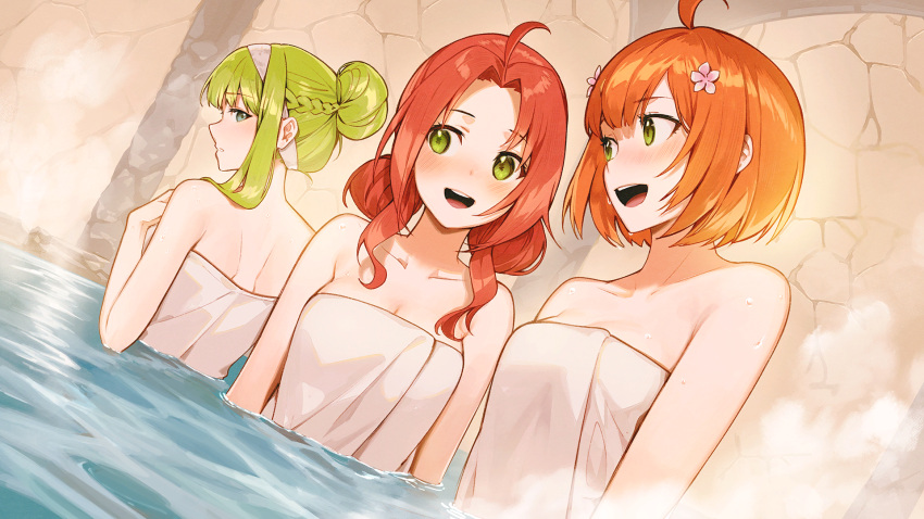 3girls :d ahoge bare_shoulders bathing blue_eyes blush breasts cleavage dutch_angle eternal_radiance flower game_cg green_eyes green_hair hair_bun hair_flower hair_ornament highres low_twintails medium_breasts multiple_girls nagu naked_towel non-web_source official_art onsen open_mouth orange_hair profile red_hair sidelocks smile steam towel twintails wet