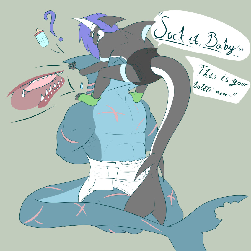 1:1 absurd_res anthro cetacean delphinoid diaper duo english_text fellatio fish hi_res infantilism internal_oral lonegreenorcacalf male male/male mammal marine muscular oceanic_dolphin oral orca penile sex shark size_difference text toothed_whale