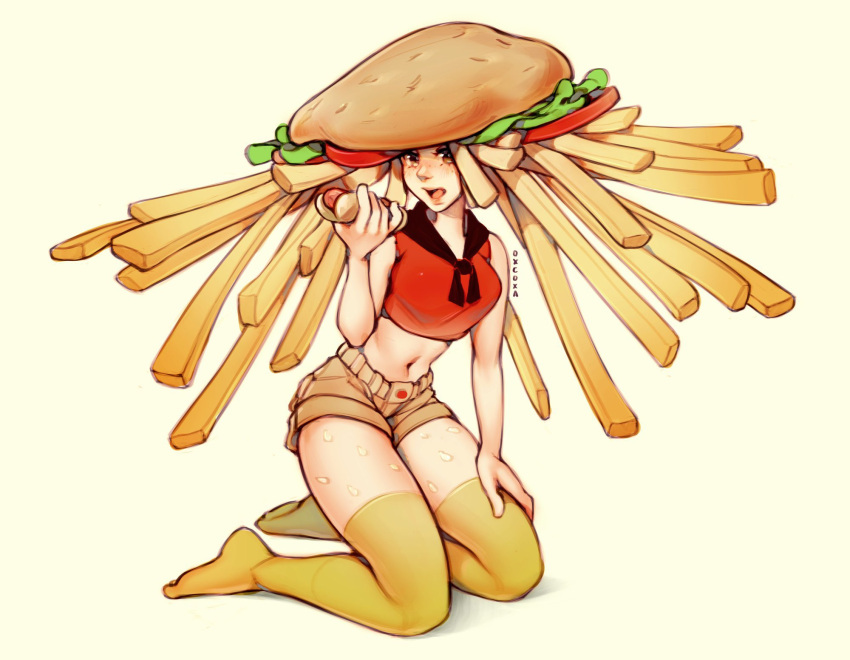 1girl artist_name brown_shorts food french_fries hamburger hand_up highres holding holding_food hot_dog looking_at_viewer midriff navel open_mouth original oxcoxa red_shirt shadow shirt shorts simple_background sleeveless sleeveless_shirt solo thighhighs yellow_background yellow_legwear