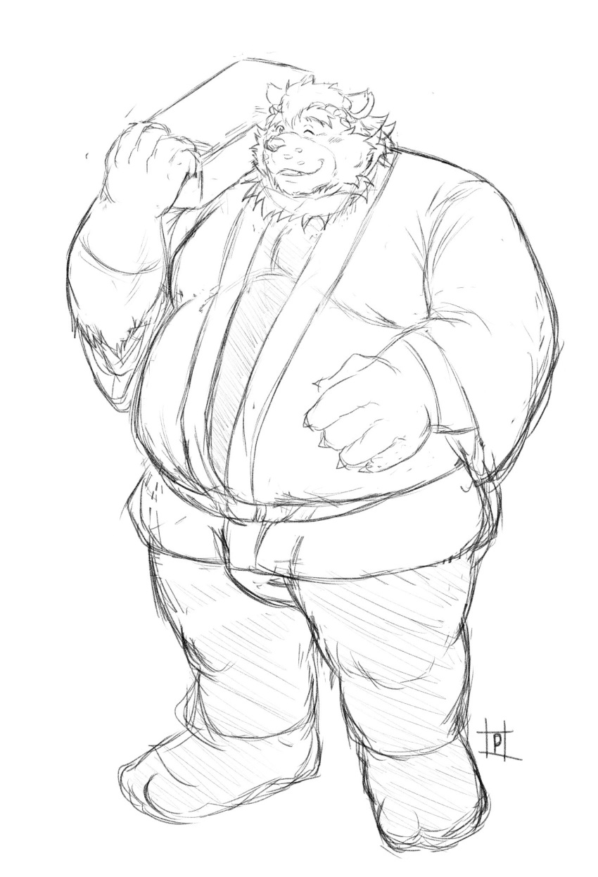 2021 anthro belly clothing eyes_closed goro_(live-a-hero) hi_res humanoid_hands live-a-hero male mammal monochrome obese obese_male overweight overweight_male pochizizi sketch solo underwear ursid video_games