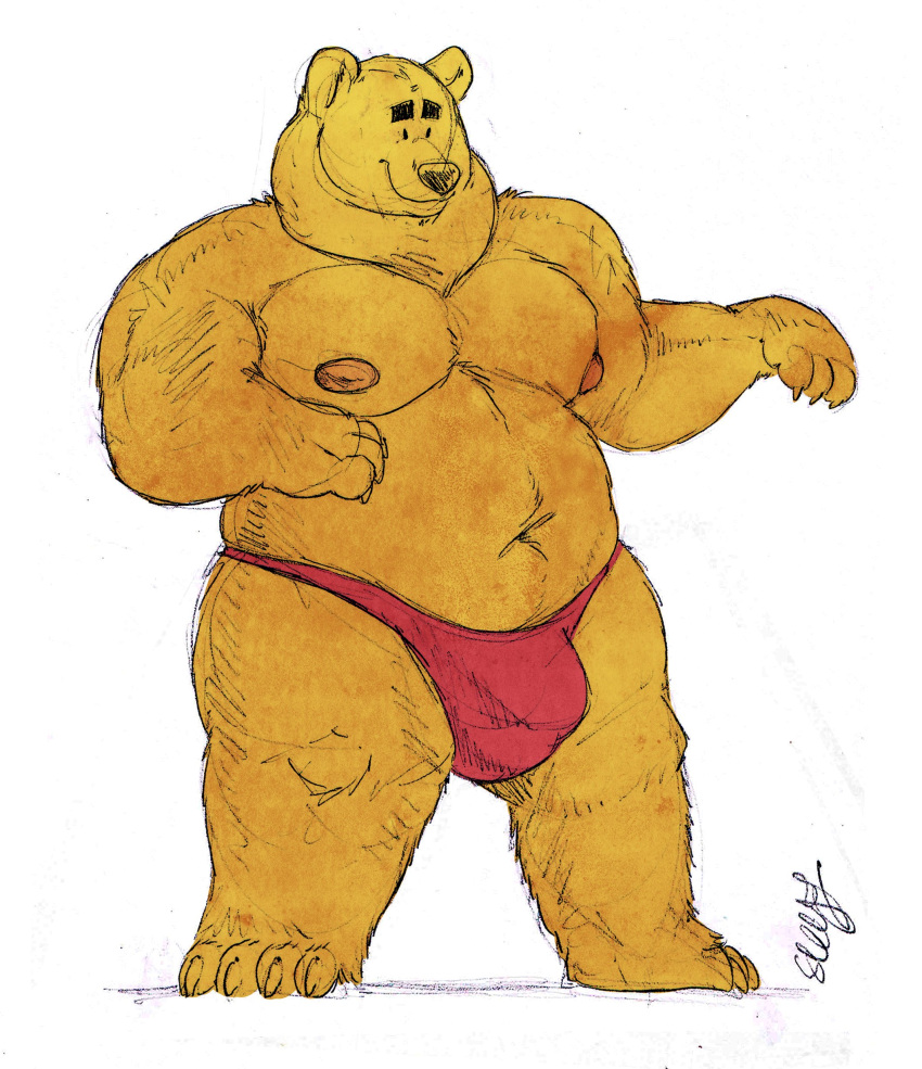 2020 absurd_res anthro areola belly big_belly black_nose bulge claws clothed clothing eyebrows fur hi_res looking_down male mammal navel neck_tuft overweight overweight_male pecs short_ears signature simple_background sketch small_eyes smile solo sosososleazy standing thick_eyebrows thick_thighs thong topless tuft underwear underwear_only ursid white_background yellow_body yellow_fur