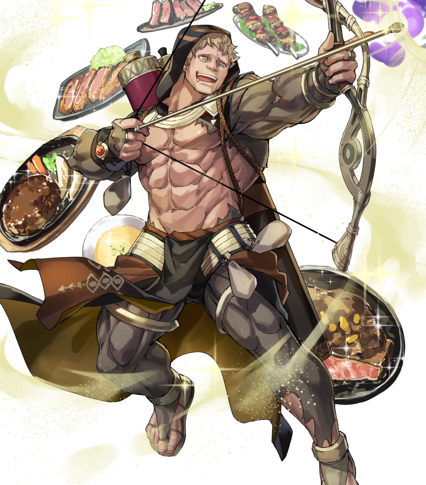 1boy abs arms_up arrow_(projectile) bangle bara beef belt bike_shorts black_capelet blonde_hair bodystocking bow_(weapon) bowl bracelet capelet collarbone dai-xt drawing_bow drooling fire_emblem fire_emblem:_three_houses fire_emblem_heroes food gem happy highres holding holding_bow_(weapon) holding_weapon hood hooded_capelet jewelry leg_up looking_up male_focus meat muscular muscular_male navel no_nipples official_art open_mouth outstretched_arm pectorals pelvic_curtain plate pouch raphael_kirsten rope ruby_(gemstone) saliva sandals short_hair skewer smile solo soup sparkle standing standing_on_one_leg stomach teeth torn_clothes transparent_background weapon yellow_eyes yellow_footwear
