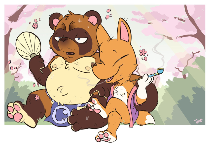animal_crossing anthro asian_clothing brown_body brown_fur canid canine chibi clothing crazy_redd duo east_asian_clothing fox fundoshi fur hi_res japanese_clothing male male/male mammal moobs mostly_nude nintendo nipples pipe raccoon_dog red_body red_fur robe slightly_chubby smoke smoking tanuki tbid tom_nook_(animal_crossing) underwear video_games