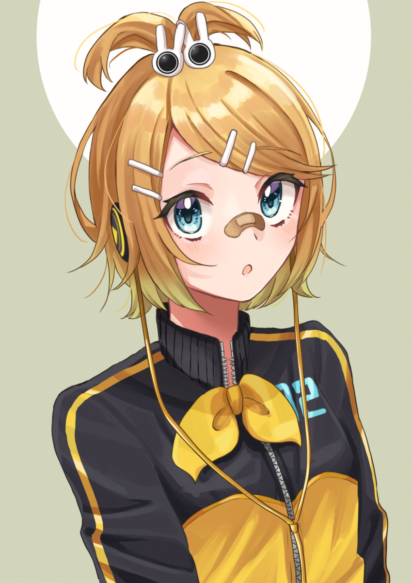 1girl :o absurdres bandaid bandaid_on_nose blonde_hair blue_eyes blush cable earphones hair_ornament hairclip highres huge_filesize jacket kagamine_rin looking_at_viewer project_diva_(series) rennrenn214 solo stylish_energy_(module) two-tone_jacket vocaloid yellow_jacket zipper