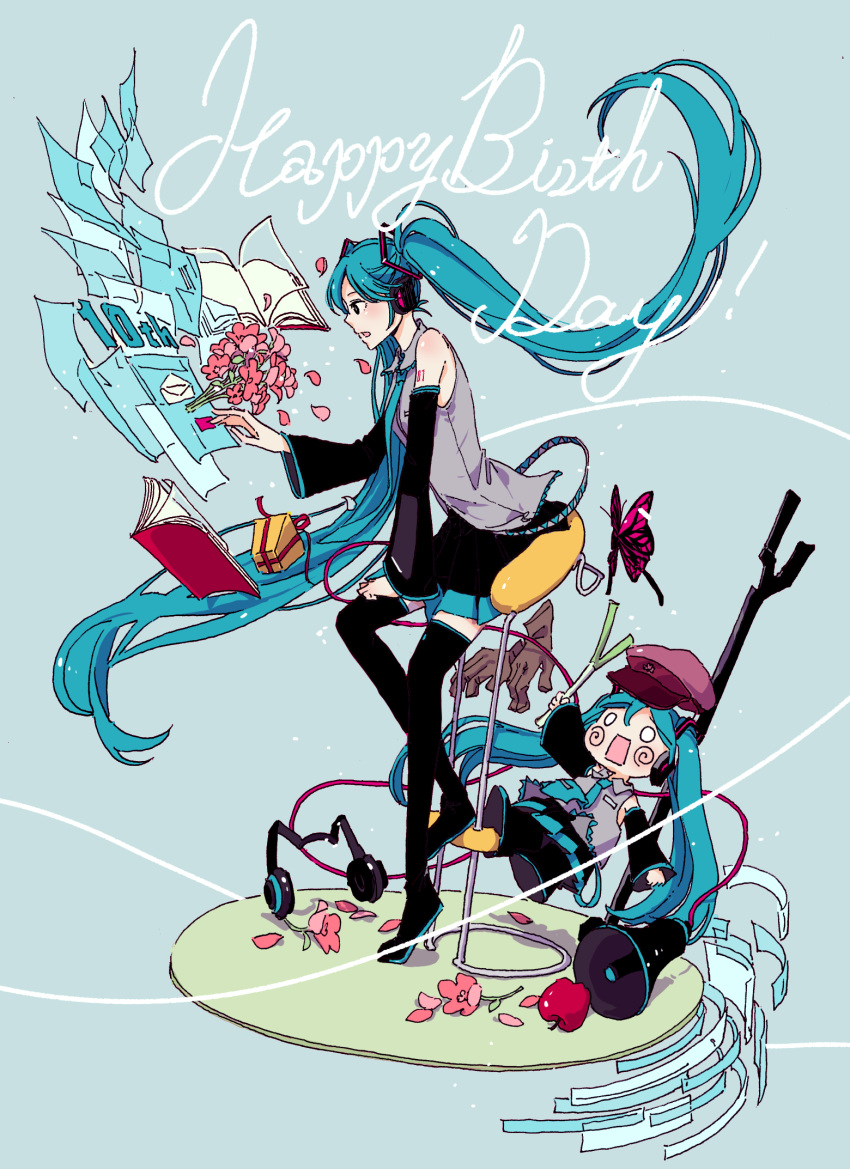1girl apple aqua_hair black_footwear blush book boots bug butterfly flower food fruit happy_birthday hasha hatsune_miku headphones highres insect long_hair open_book pink_butterfly pink_flower profile sitting solo thigh_boots thighhighs twintails very_long_hair vocaloid