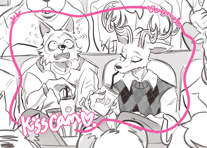 &lt;3 2021 anthro antlers beastars beverage bottomwear camera_view canid canine canis cervid clothed clothing date dress_shirt duo_focus english_text eyes_closed food greyscale group horn humor jacket kiss_cam legoshi_(beastars) louis_(beastars) male mammal mc_crmel monochrome open_mouth pants popcorn public shirt sitting soda stadium surprise sweater text topwear wide_eyed wolf