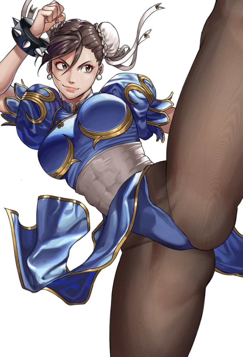 1girl absurdres arm_up blue_dress bracelet breasts brown_eyes brown_hair bun_cover china_dress chinese_clothes chun-li covered_abs double_bun dress earrings hanny_(uirusu_chan) highres jewelry large_breasts moire pelvic_curtain puffy_short_sleeves puffy_sleeves ribbon short_sleeves simple_background smile solo spiked_bracelet spikes street_fighter white_background white_ribbon