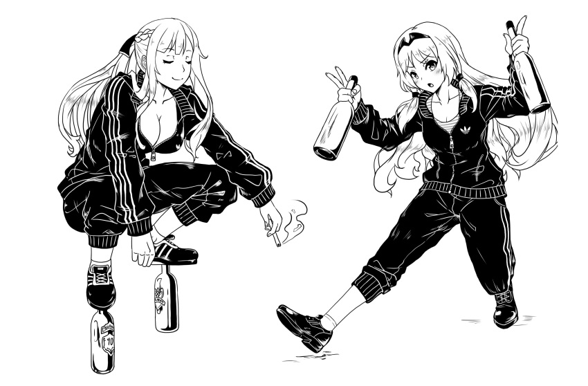 2girls :o absurdres adidas ak-12_(girls_frontline) an-94_(girls_frontline) bangs black_track_suit blush bottle breasts cigarette cleavage closed_eyes collarbone cyrillic eyebrows_visible_through_hair girls_frontline gopnik hair_ornament highres holding holding_bottle kirochef large_breasts long_hair long_sleeves looking_at_viewer medium_breasts monochrome multiple_girls pants partially_unzipped sidelocks simple_background slav_squatting smile smoke squatting sweatpants track_suit v white_background