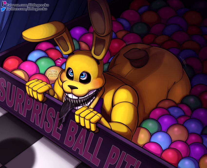 2020 ambiguous_gender animatronic anthro ball_pit blue_eyes blush bodily_fluids bow_tie drooling five_nights_at_freddy's hi_res into_the_pit lagomorph leporid littlegeecko long_ears long_tongue looking_at_another machine mammal offscreen_character rabbit robot saliva scut_tail solo spring_bonnie_(fnaf) tongue video_games watermark wiggle yellow_body