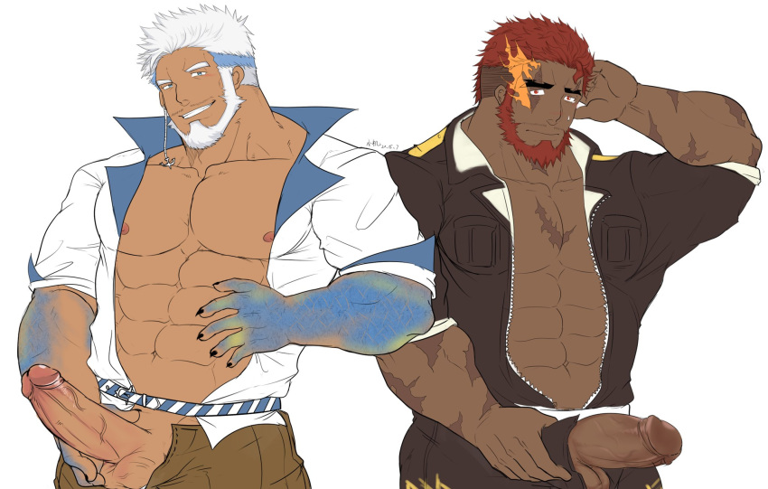 2boys abs aegir_(tokyo_houkago_summoners) anchor_earrings aqua_hair bara bare_pecs beard blue_eyes cowboy_shot dark_skin dark_skinned_male earrings erection facial_hair fingernails fins flaming_eye head_tilt hephaestus_(tokyo_houkago_summoners) highres jacket jewelry male_focus multicolored_hair multiple_boys muscular muscular_male navel nipples open_clothes open_jacket open_pants open_shirt open_shorts pants pectorals penis penis_grab red_eyes red_hair scar scar_on_chest sharp_fingernails shirt short_hair shorts single_earring stomach streaked_hair tokyo_houkago_summoners uncensored veins veiny_penis very_dark_skin white_hair white_shirt xiaojishangtian