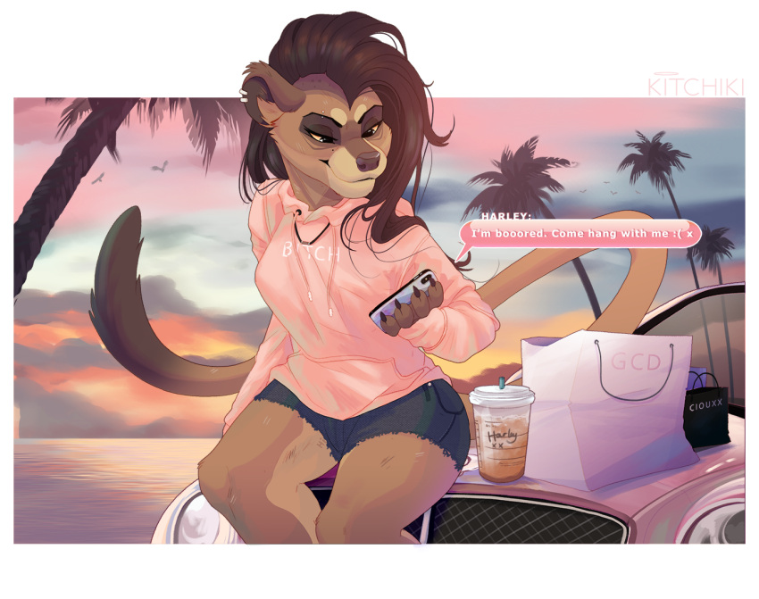 2021 anthro breasts brown_hair clothed clothing day detailed_background digital_media_(artwork) euplerid female fossa hair hoodie kitchiki mammal outside pink_clothing pink_hoodie pink_topwear sky solo topwear