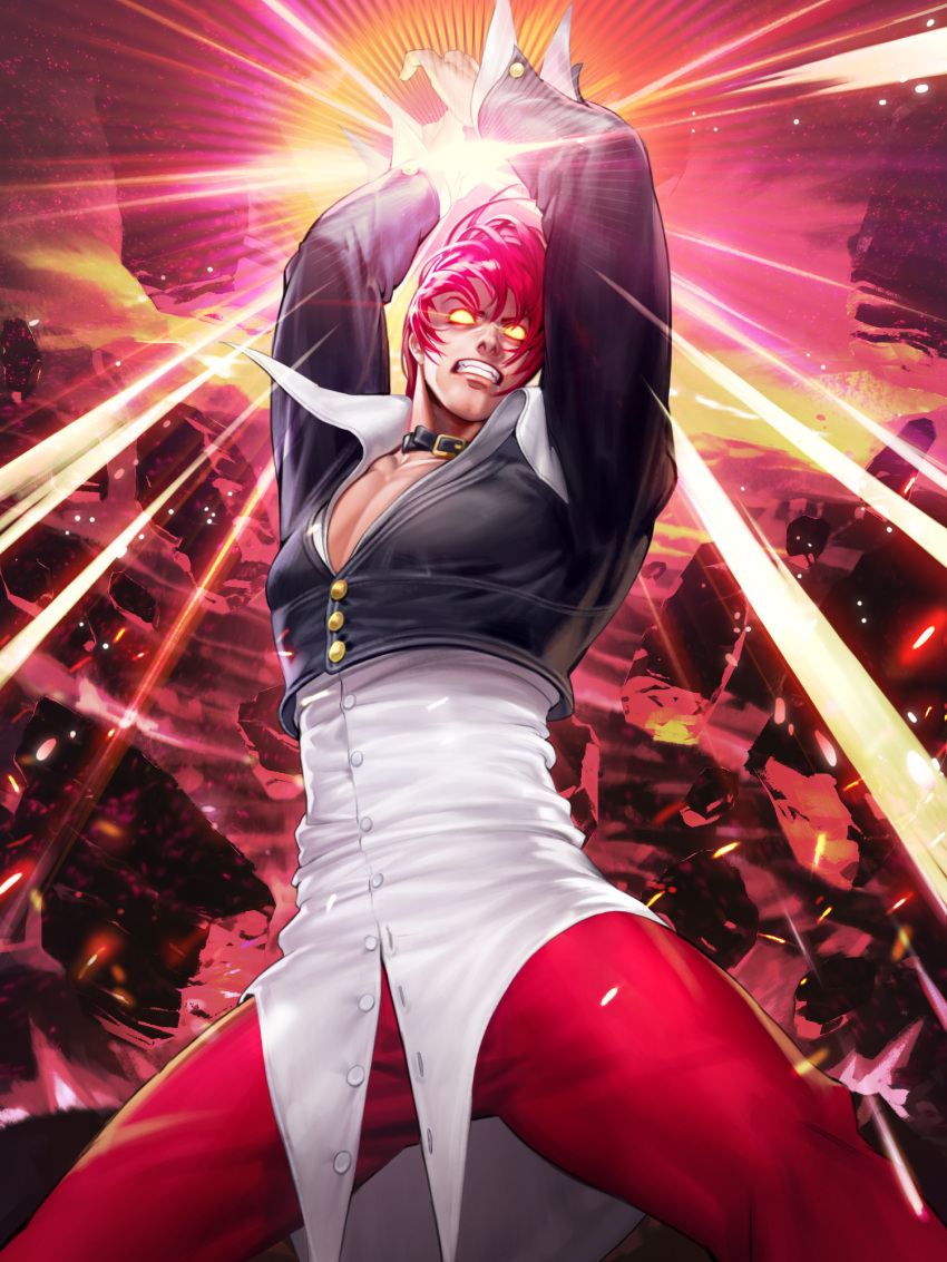 1boy arms_up bangs choker cropped_jacket dark_persona grin hair_over_one_eye hands_up highres official_art orochi_iori pants red_eyes red_hair red_pants shirt smile snk solo the_king_of_fighters the_king_of_fighters_all-stars white_shirt yagami_iori yellow_eyes