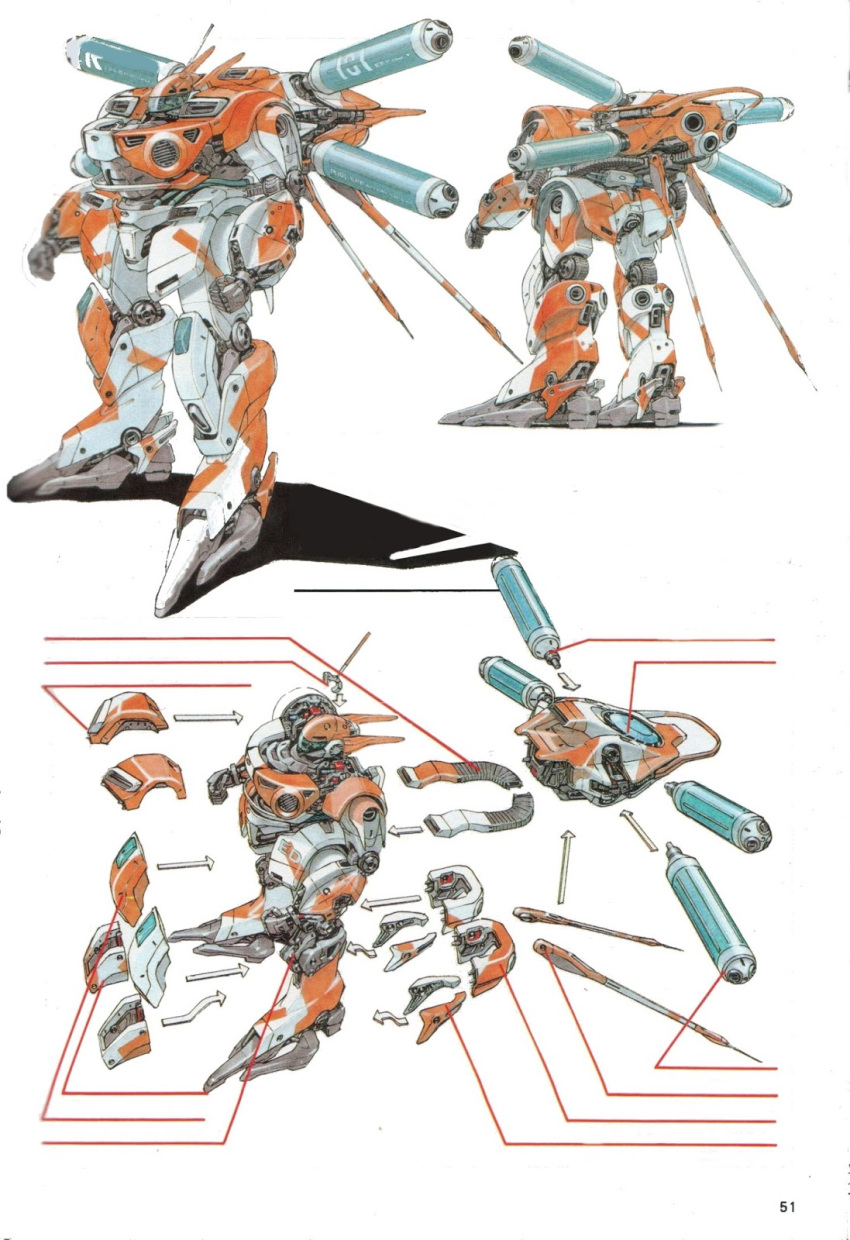 arrow_(symbol) character_sheet clenched_hands from_behind gaia_gear gundam gussa_ii highres itou_mamoru_(artist) machinery man_machine mecha multiple_views no_humans official_art scan science_fiction standing visor white_background