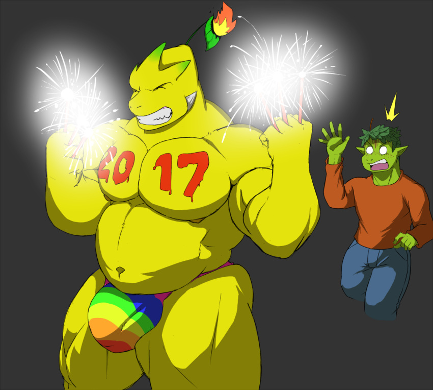 2016 andromorph anthro apple athletic athletic_anthro athletic_intersex belly big_bulge big_pecs bottomwear bulge cheek_spikes clothed clothing colored concerned crispin_(geng) dragon duo elemental_creature eyes_closed facial_spikes fire flora_fauna food food_creature fruit fruit_dragon geng green_body green_skin grin holidays horn intersex leaf leaf_hair lemon living_fruit male meyers_(geng) multicolored_clothing musclegut muscular muscular_arms muscular_male muscular_thighs navel new_year nipples open_mouth pants pecs plant plant_hair pseudo_hair rainbow_clothing shaded shirt shocked simple_background skimpy smile sparkler spikes spikes_(anatomy) teeth thick_thighs tongue topwear white_eyes worried yellow_body yellow_skin