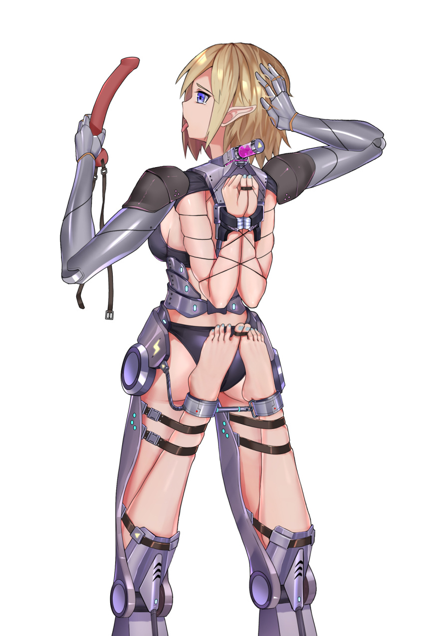 1girl bdsm blonde_hair blue_eyes bound bound_arms bound_legs commentary_request cuffs dildo_gag elf exoskeleton extra_arms extra_legs eyebrows_visible_through_hair guangmi hand_on_own_head highres holding_gag joints mechanical_arms mechanical_legs open_mouth original penis_gag pointy_ears reverse_prayer robot_joints shackles skindentation solo standing tearing_up thumbcuffs toecuffs tongue tongue_out vial white_background